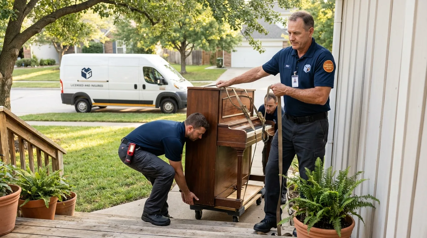 Licensed piano movers securing grand piano in Rouses Point, NY