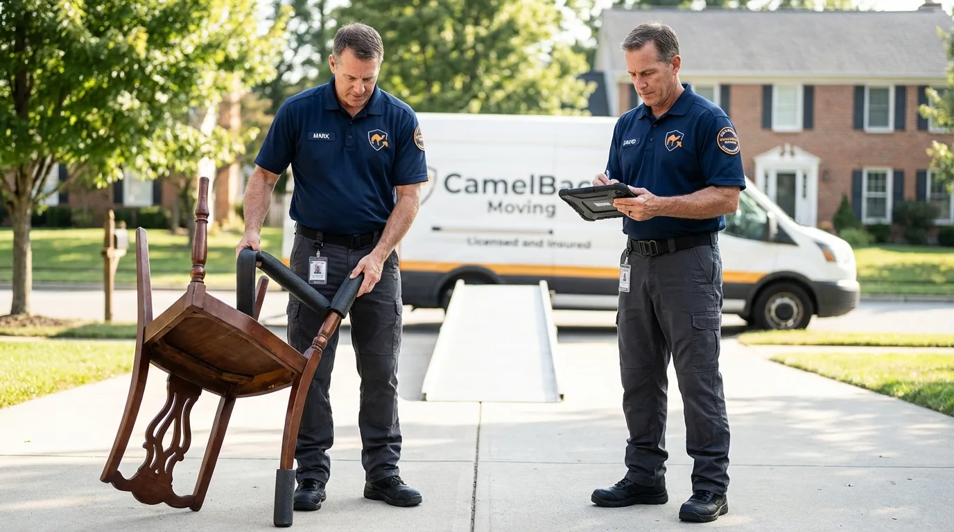 Movers inspecting furniture for damage prevention before loading in Rouses Point, NY